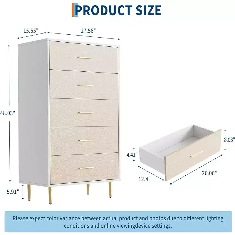 8 Drawer Dresser, White Dresser for Bedroom, Fabric Pattern Chest of Drawer with Gold Metal Handles and Legs for Living Room, Hallway