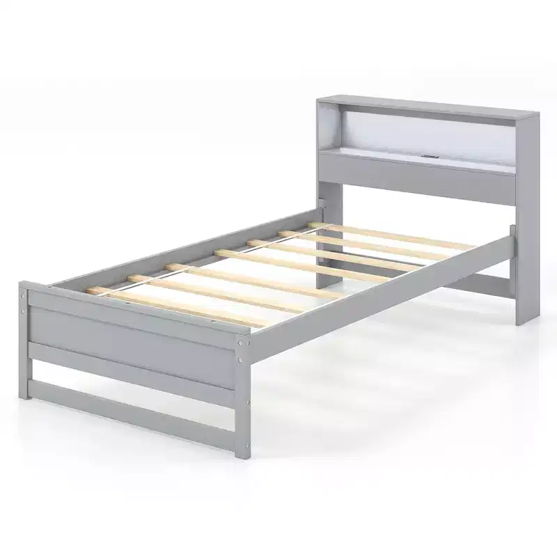 Costway Twin Size Wooden Bed Frame w/ Charging Station & LED Light Storage Headboard