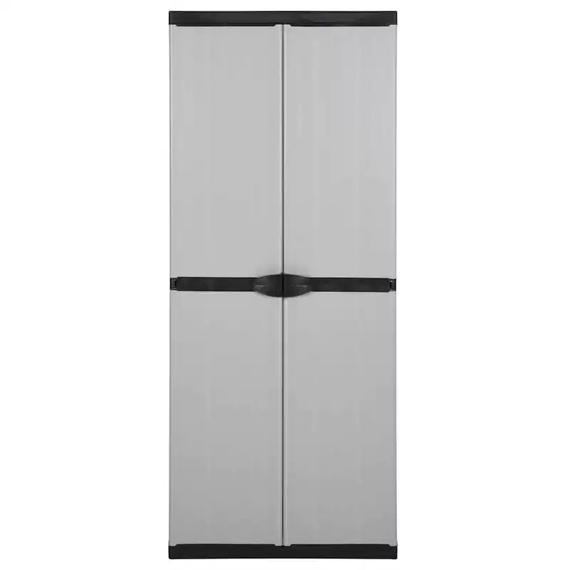 Tall Outdoor Storage Cabinet – 3 Adjustable Shelves, Lockable, PVC & PP, Gray & Black, 66.1