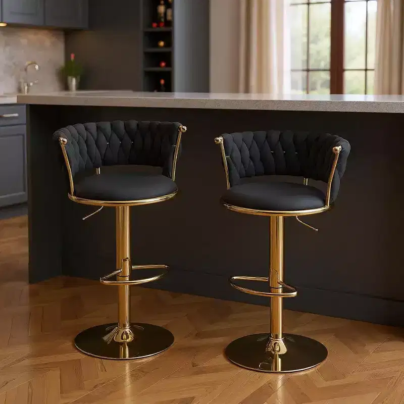 Set of Two Black and Gold Velvet and Metal Low Back Adjustable Height Swivel Bar Chairs