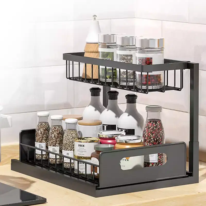Heavy-Duty Under Sink Storage Organizer 2-Tier Pull-Out Cabinet Shelf with Metal Frame and Guardrails