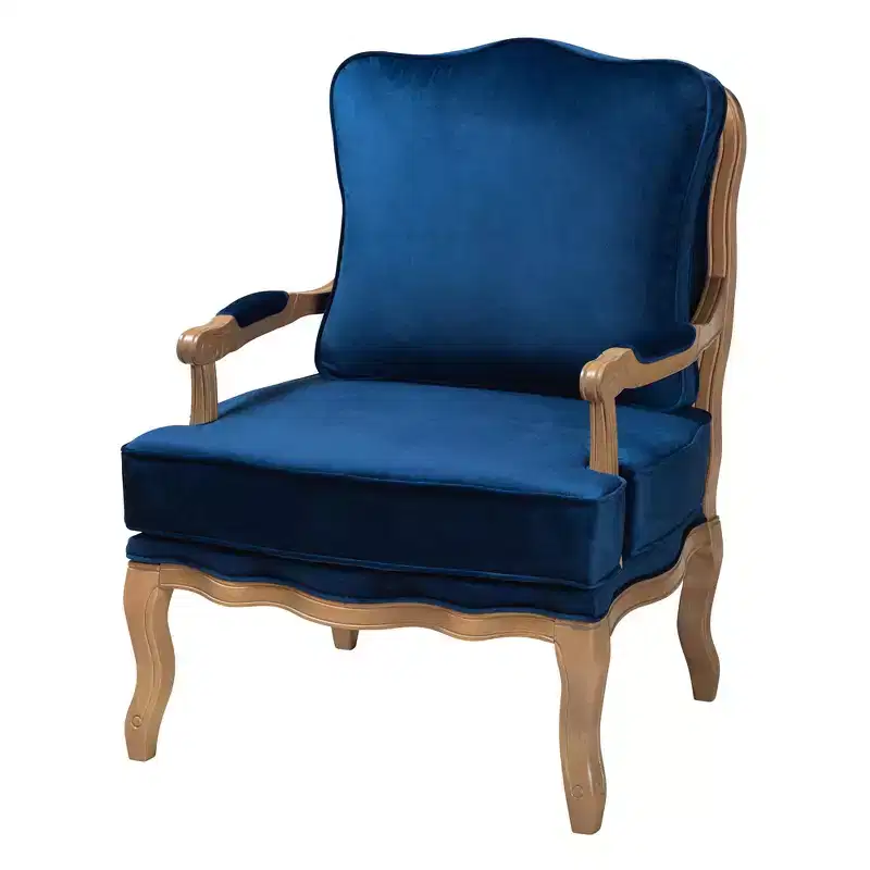 Traditional Navy Blue Fabric and French Oak Brown Finished Wood Accent Chair
