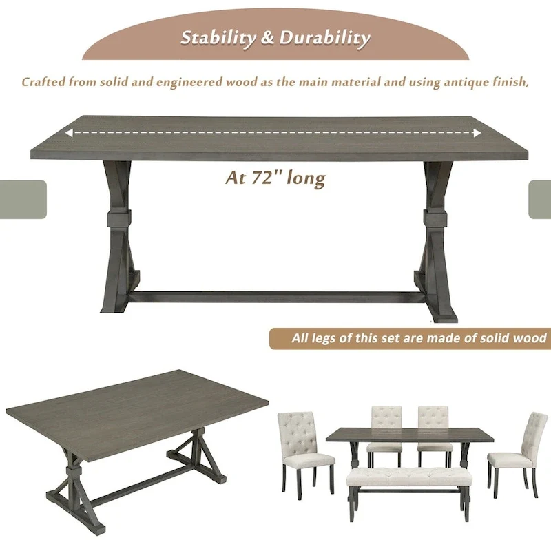 6-Piece Farmhouse Dining Table Set 72 Wood Rectangular Table, 4 Upholstered Chairs with Bench