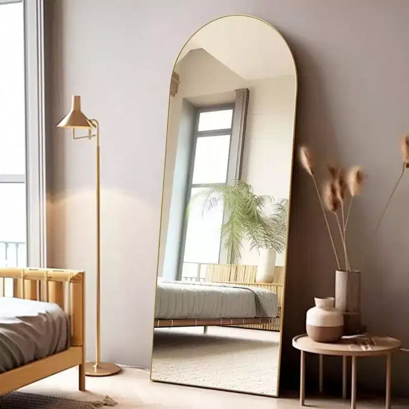 58x18 Gold Arched Mirror with Stand. Freestanding Full Length Floor Mirror Featuring a Lightweight Aluminum Frame