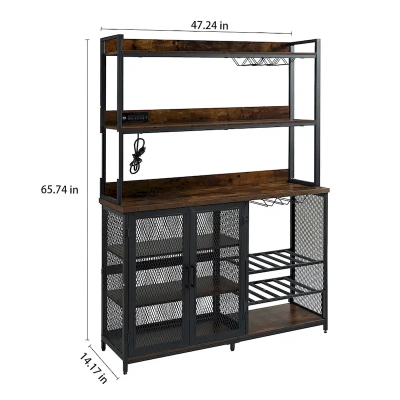 Brown Industrial 3-Tier Coffee Bar Cabinet with LED Strip and Power Outlet