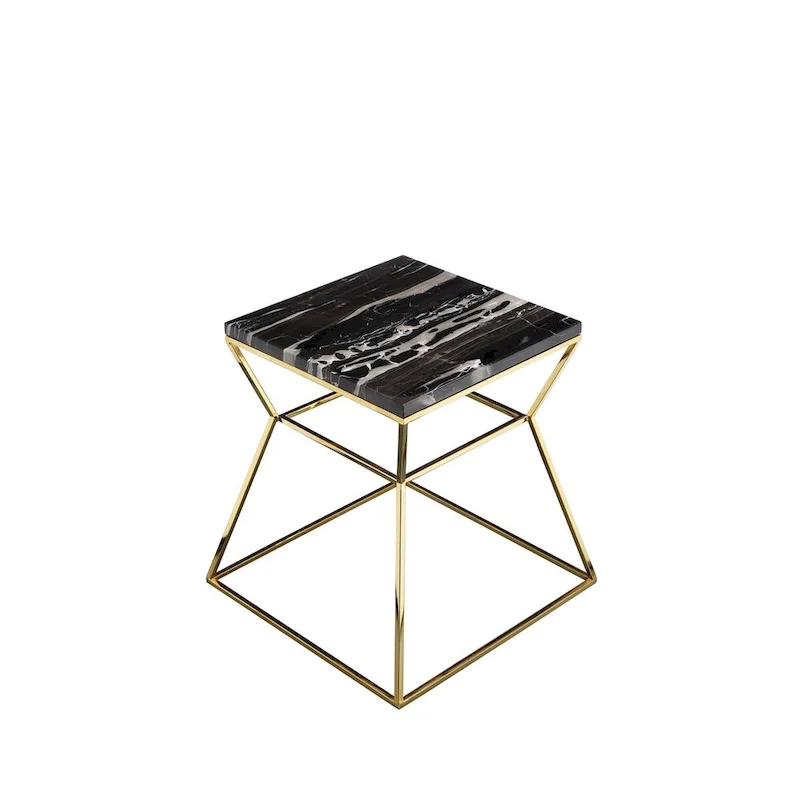 Lio 18 Inch Side End Table, Black Marble Top, Gold Open Hourglass Frame