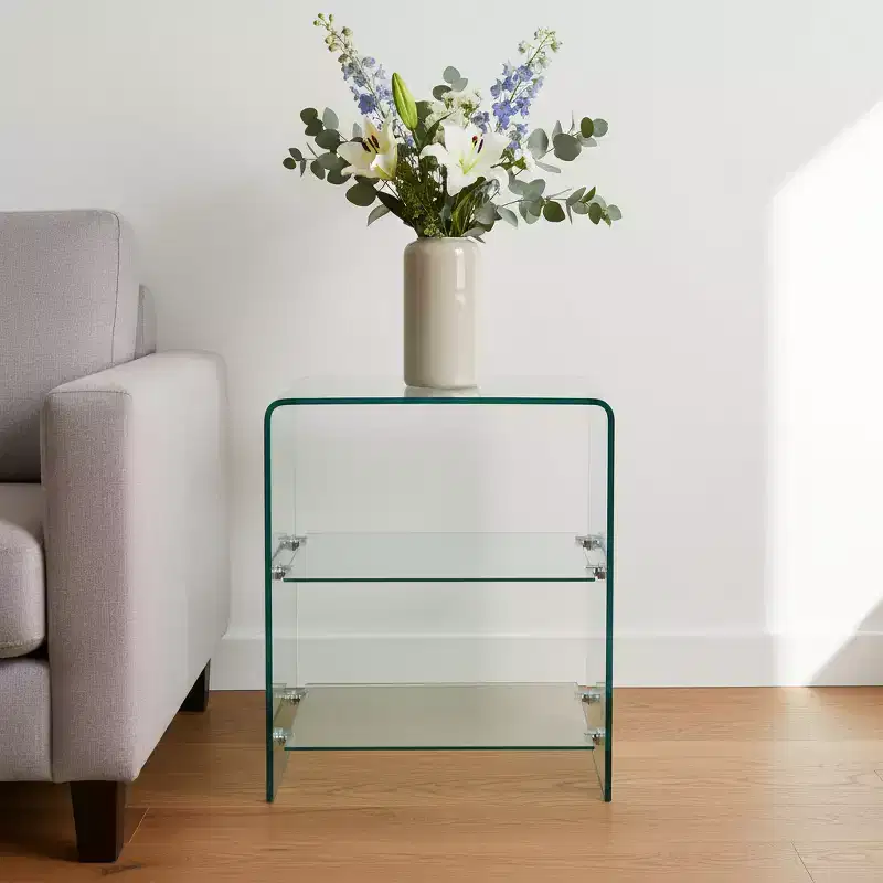18 Clear Glass Floor Shelf End Table With Two Shelves