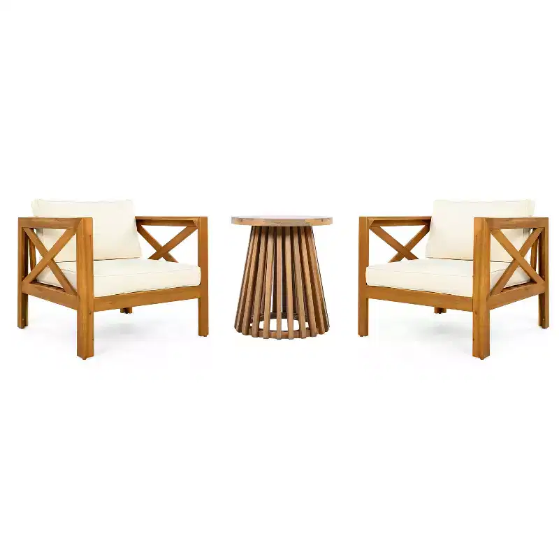 Christopher Knight Home Kairos Transitional 3 Piece Patio Acacia Wood Club Chairs with Round Accent Table