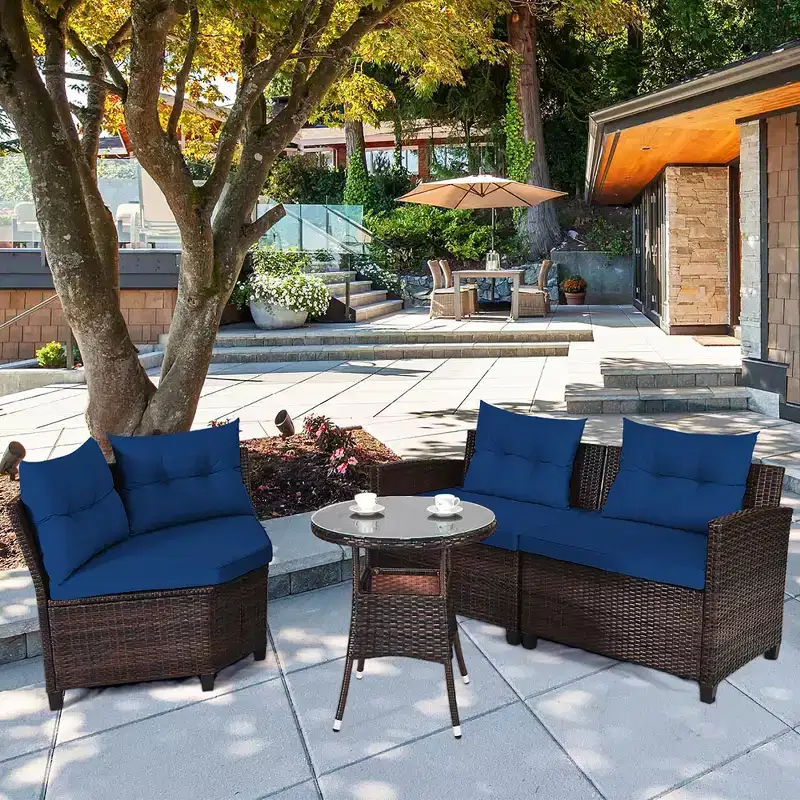 Costway 4PCS Outdoor Patio Rattan Furniture Set Cushioned Sofa Table Turquoise\Black\Navy\Red