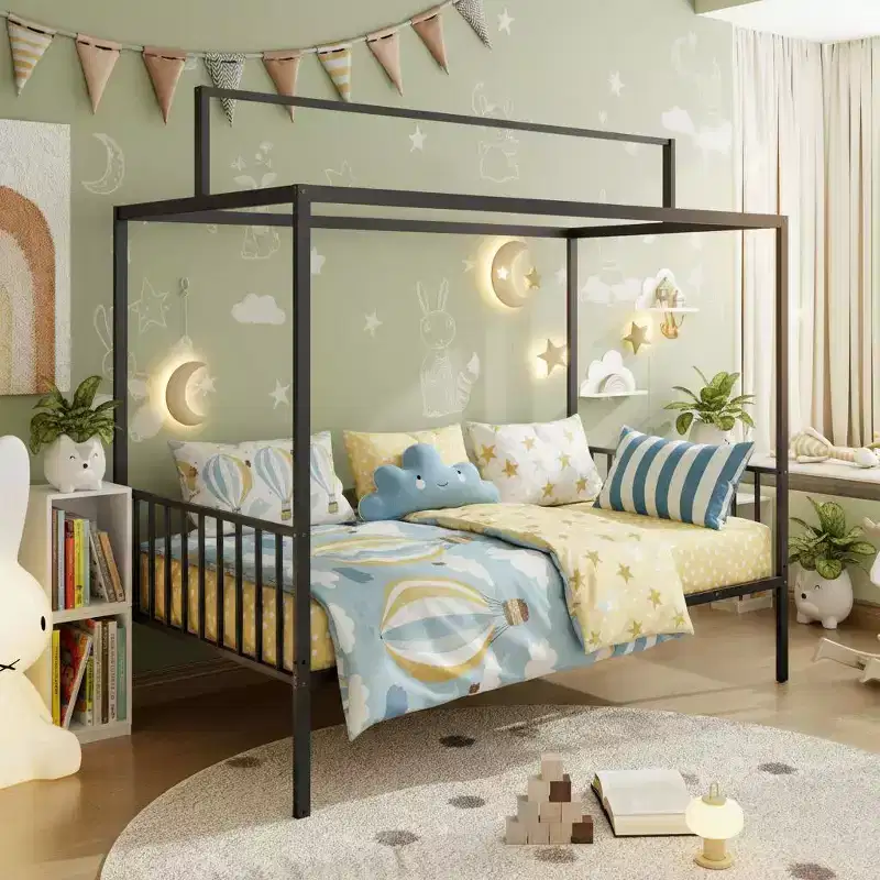 Polibi 3-in-1 Convertible Montessori Metal Floor Bed with Fence Guardrails and Canopy Frame