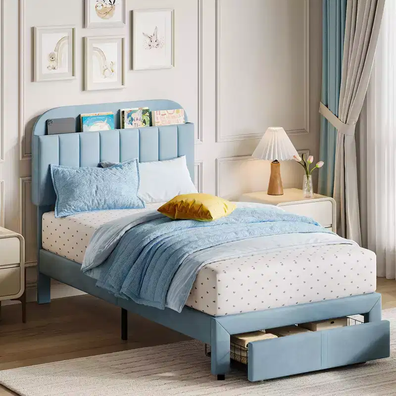 Garvee Twin Bed Frame with Drawer, Velvet Upholstered Platform Bed Frame with Storage Headboard, No Box Spring Needed, Easy Assembly