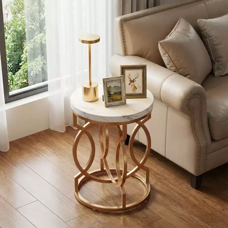 MAYEERTY Round End Table, Modern Bedside Table with Faux Marble Top