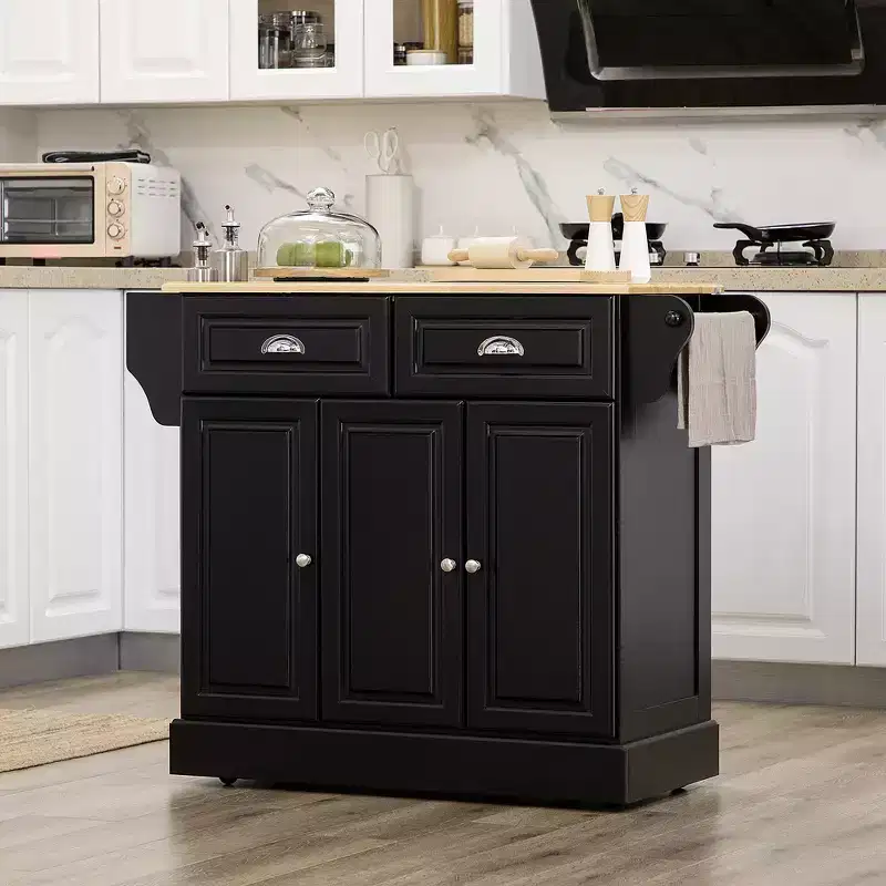 FAMYYT Black Smooth Rubber Wood Top 17.8 in. Kitchen Island Cart with 3 Door Cabinet and 2 Drawers