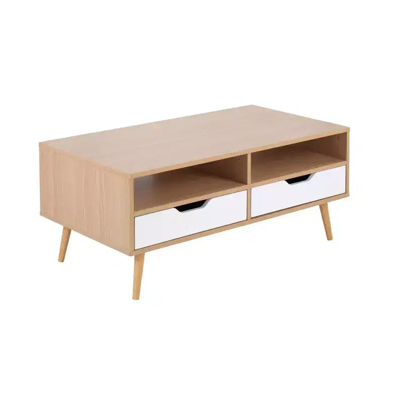 Contemporary White Coffee Table with 2 Drawers & 2 Shelves – Wood Composite, 39.5