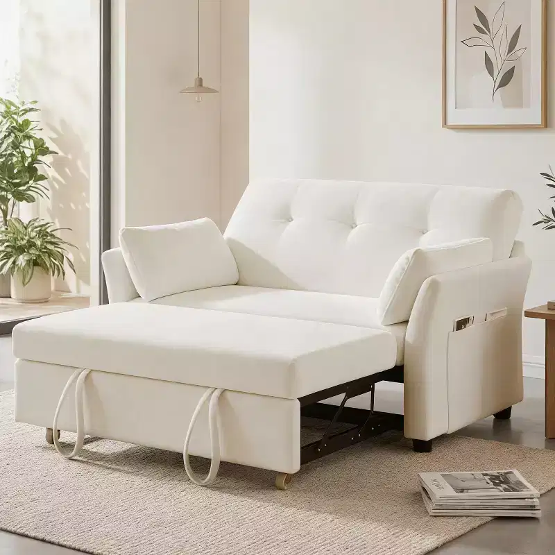 51 Inch 3-in-1 Pull-Out Sleeper Sofa Bed, Convertible Loveseat with Reclining Adjustable Backrest, Chenille Upholstered Couch, Side Pocket