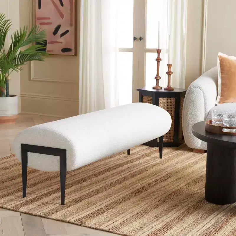Upholstered Padded Bench, Cream/Black, Seats 2