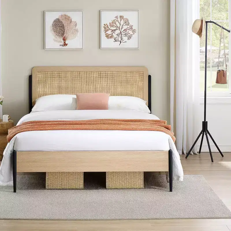 Acekool Full Rattan Bed Frame, Natural Rattan Headboard, Boho Platform, Under Bed Storage, No Box Spring Needed, White Oak