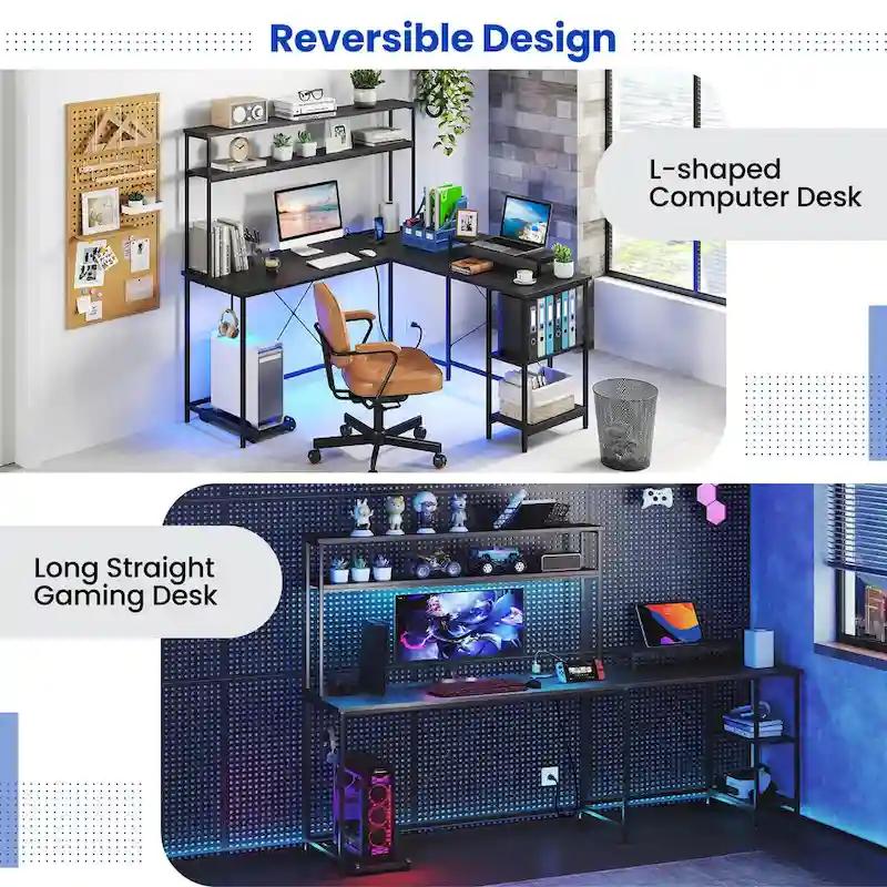 L-Shaped Gaming Desk with LED Strip & Power Outlets
