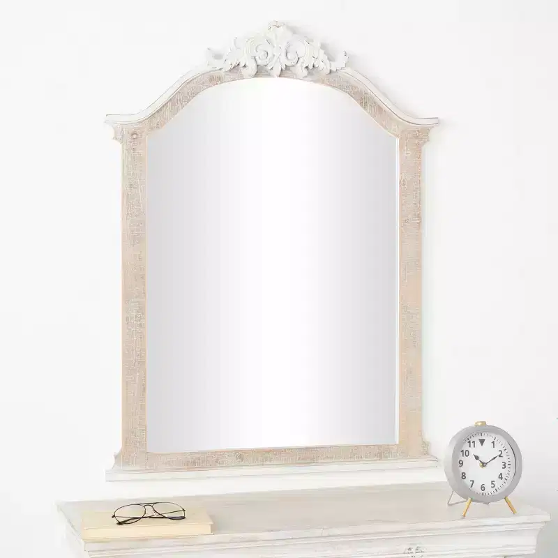 Olivia & May 37x28 Wooden Arched Scroll Wall Mirror with Brown Distressing Cream: No Assembly, Modern Decor