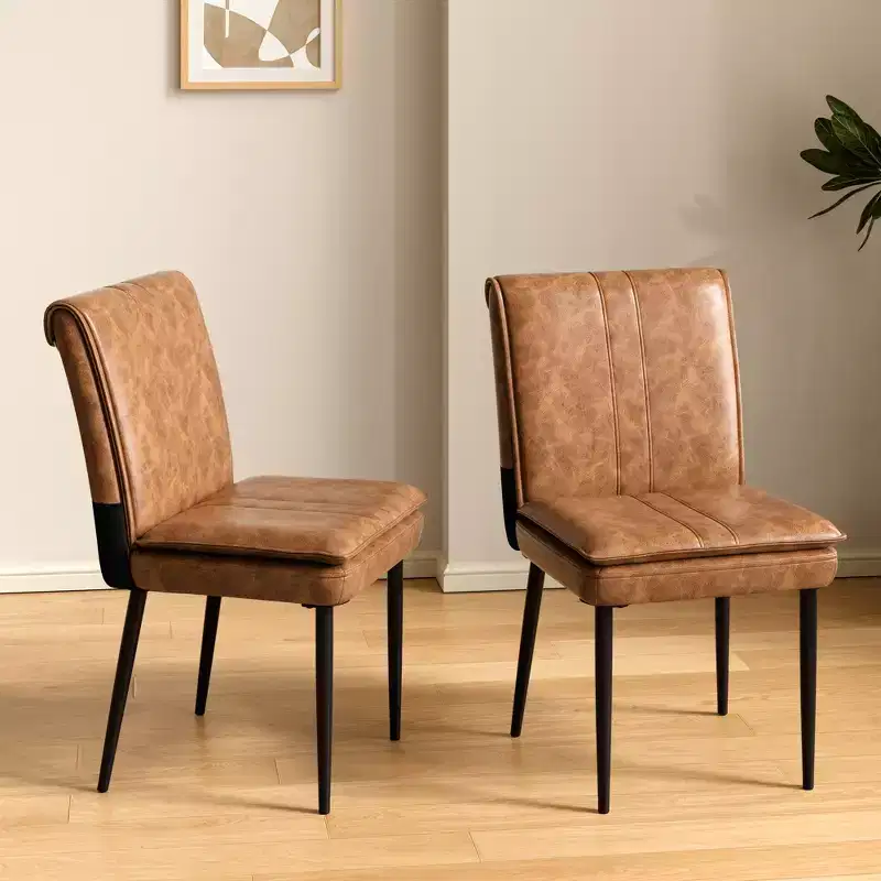 Upholstered Dining Chairs, Faux Leather Kitchen Chairs with Metal Legs, Modern Brown Dining Room Side Chairs