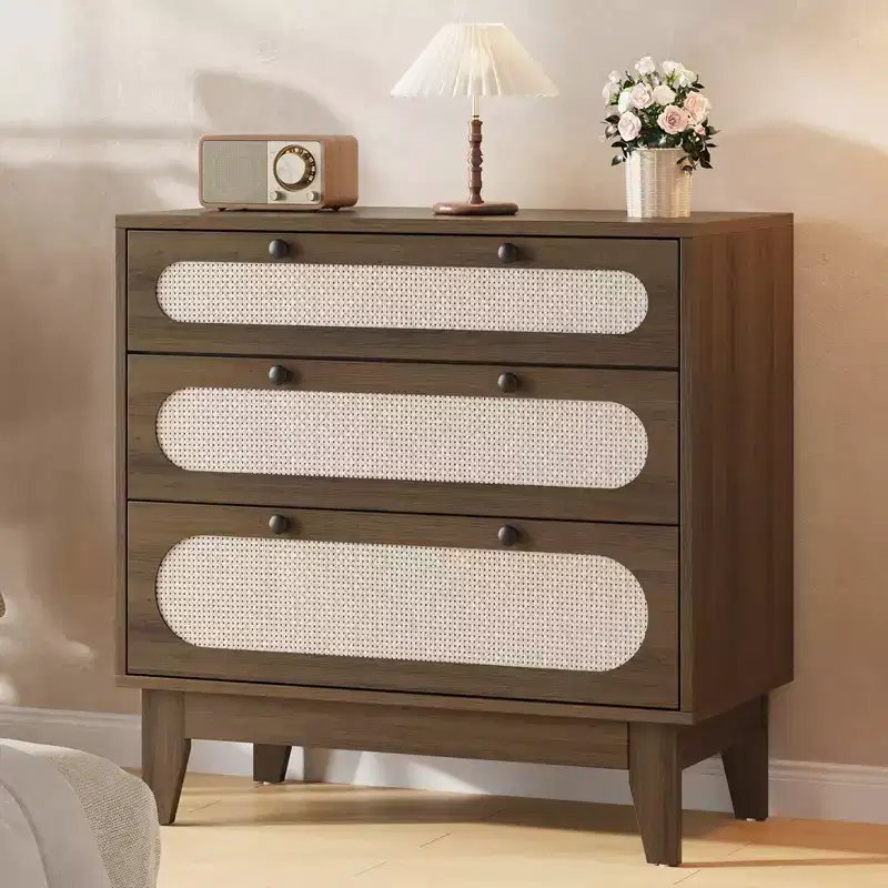3-Drawer Wood Dresser, Rattan Nightstand Bedside Table for Bedroom, Living Room, Entryway
