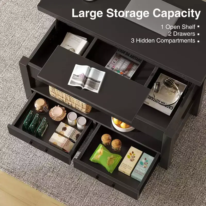 Height-adjustable coffee table - modular design with storage drawers and hidden shelves to save space, perfect for the living room, black.