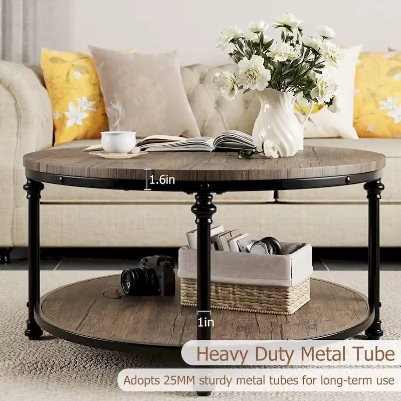 Round Coffee Table with 2-Tier Shelf, 30.31