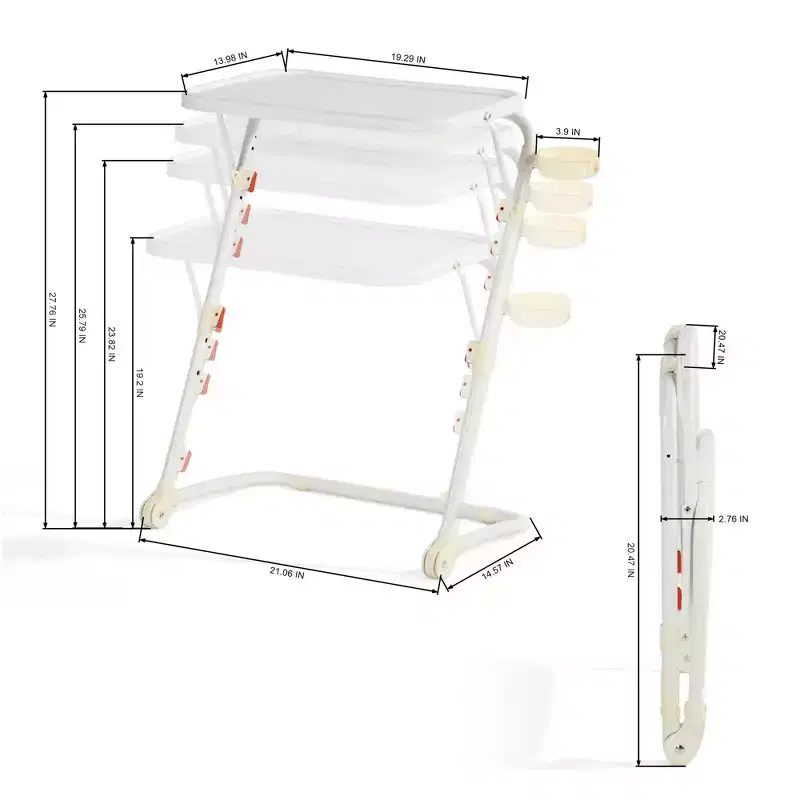 FurnitureR Adjustable Folding TV Tray with 4 Height & 3 Tilt Angle, Foldable Dinner Trays Laptop Snack Table with Cup Holder Sofa, 2PCS. White