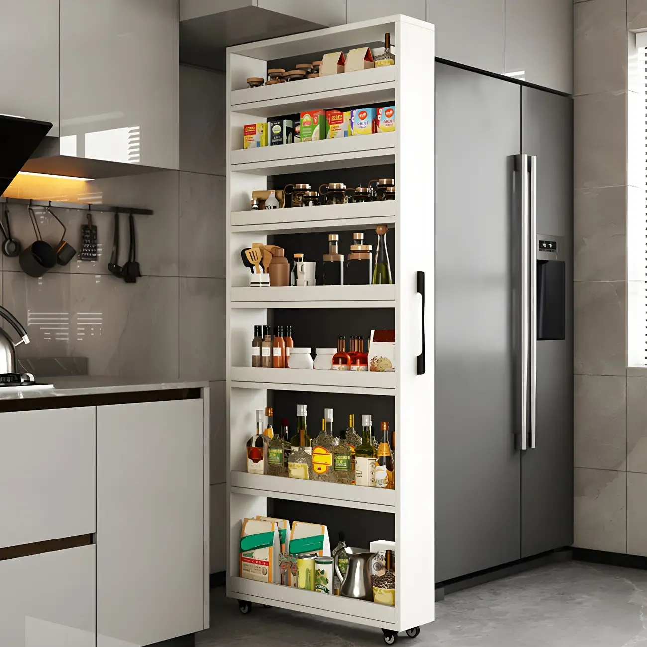 Modern Wooden Buffet Table with Open Shelves and Caster