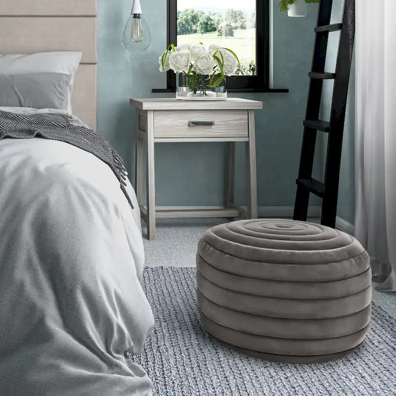 WYNDENHALL Anna Boho Round Pouf in Velvet Fabric