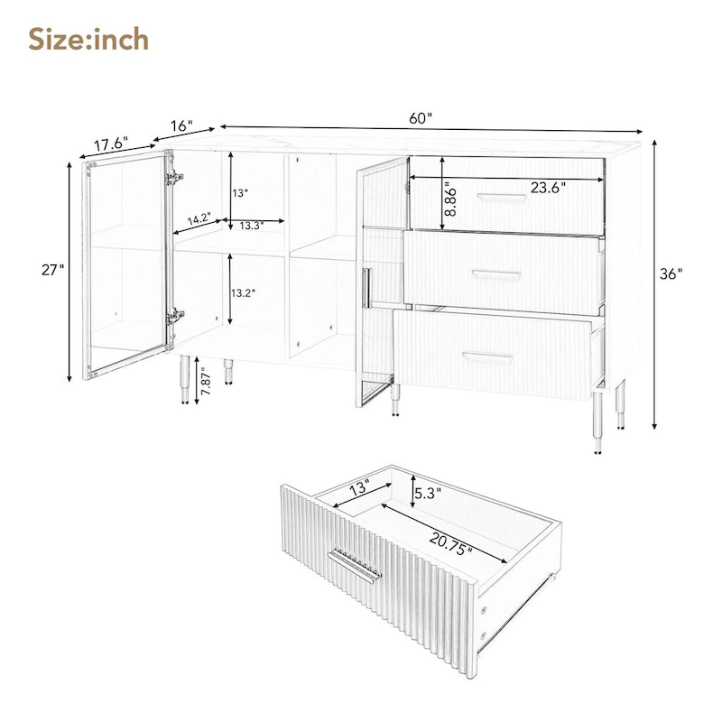 Modern Sideboard with Metal Legs and Handles - 60W x 16D x 36H