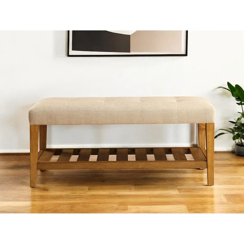 40-Inch Beige and Brown Upholstered Polyester Bench (with Storage Shelf)