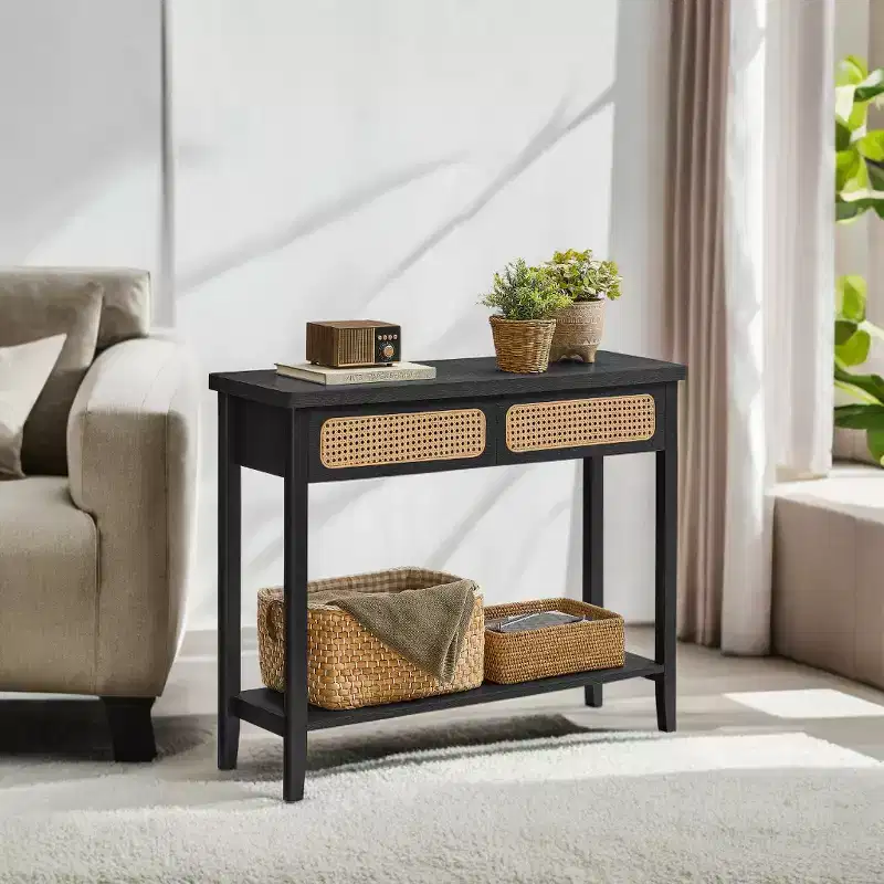 Rattan Console Table with 2 Drawers & Open Shelf, Narrow Entryway Table, 39.4