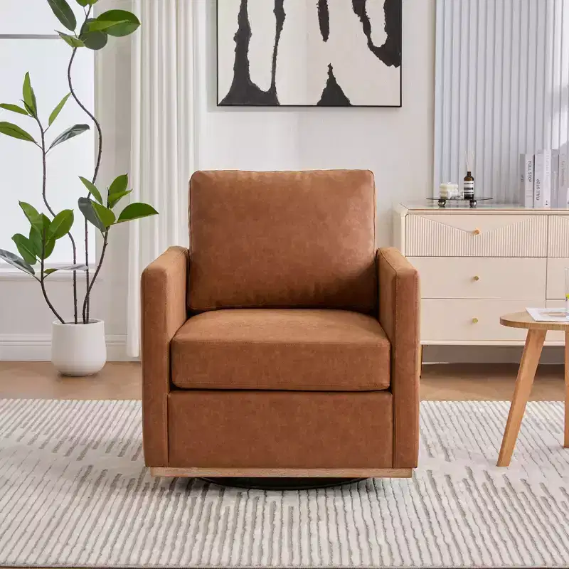 Etokfoks 30.7 inch Wide Brown PU Upholstered Swivel Accent Chair with Square Arms 360 Degree Lounge Armchair for Living Room Bedroom