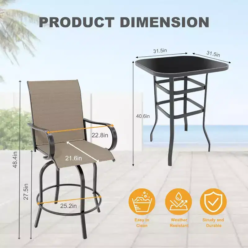 COZONY Patio Swivel Bar Set, Outdoor High Top Bar Table Swivel Chairs Glass Table All Weather Fabric for Patio