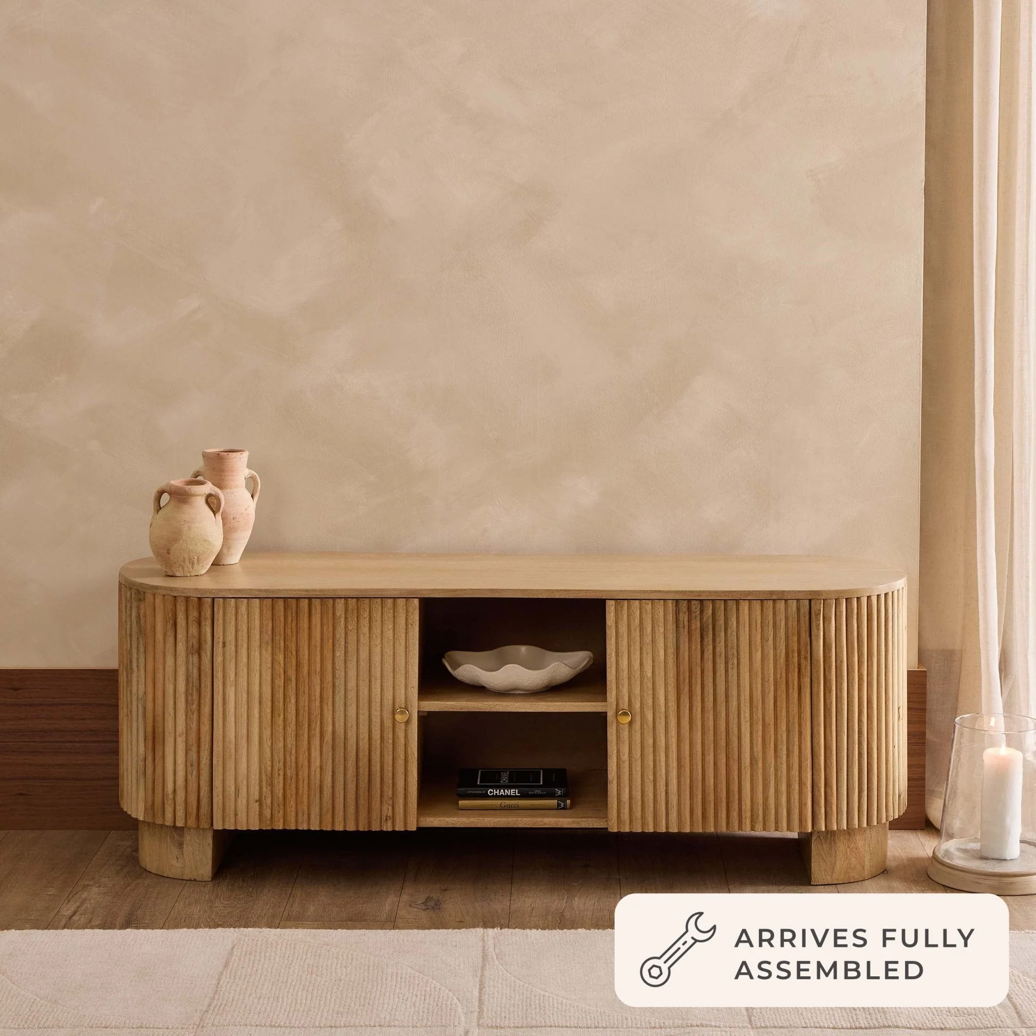 Luxe Natural Mango Wood TV Unit with Shelving for TVs up to 55 Inch for Living Room