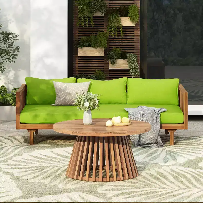 2 Pieces Patio Furniture Sets With 67.5 Length 3 Seater Green Sofa And 31.5 Round Acacia Wood Table
