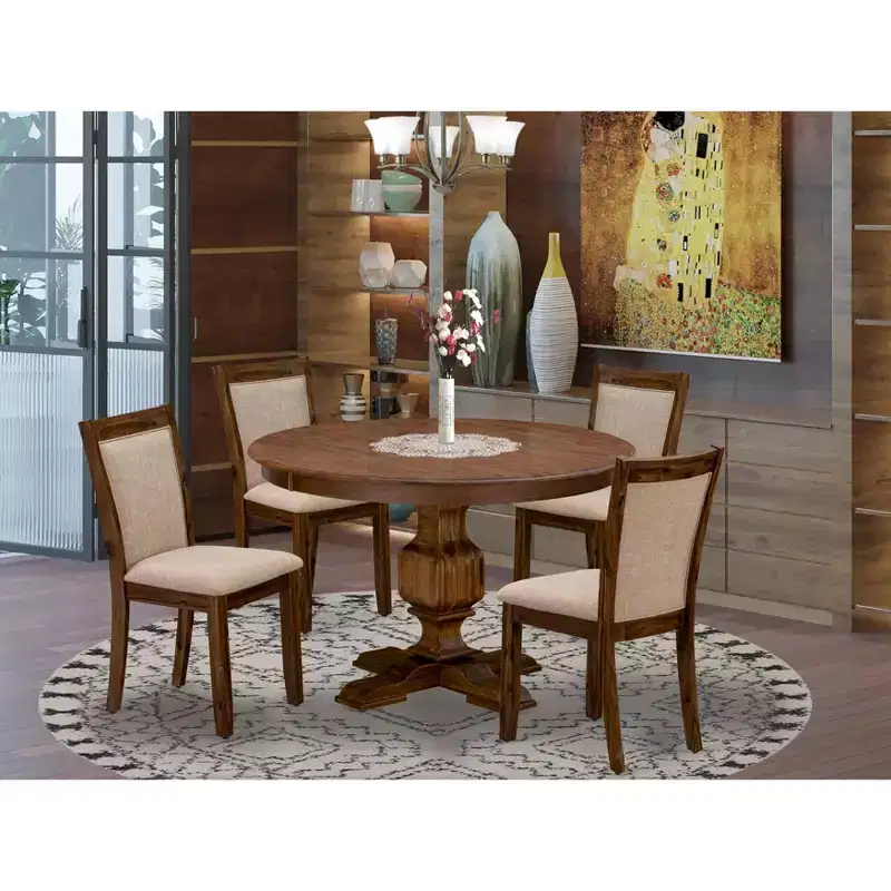 HomeStock Belmont 5-Piece Dinner Table Set - Pedestal Dining Table and 4 Light Tan Color Parson Dining Chairs with High Back - Antique Walnut Finish