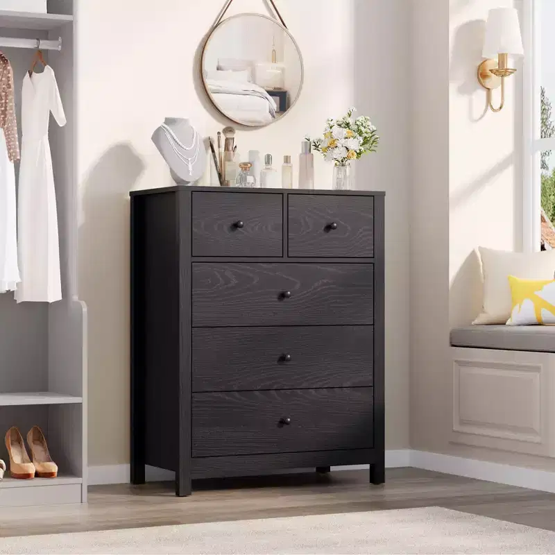 5 Drawer Dresser for Bedroom, Tall Dresser with Deep Drawers & Metal Knobs