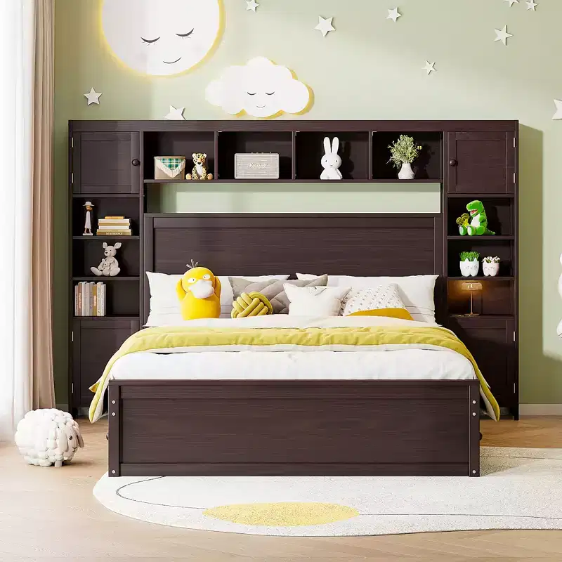Queen Size Platform Bed with All-in-One Cabinet and Storage Shelf, Wooden Queen Bed Frame with 4 Drawers and Sockets