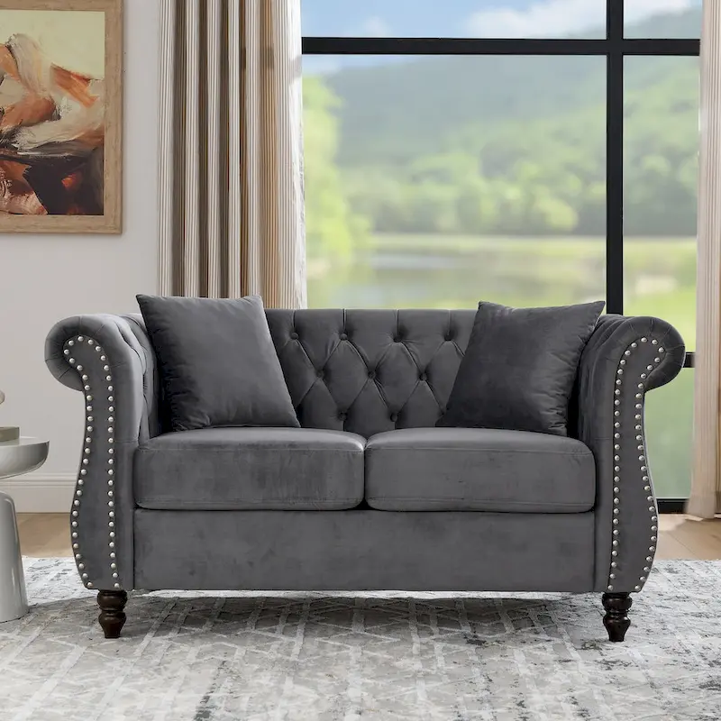 Velvet Chesterfield Loveseat Sofa, Rolled Arms, Nailhead Trim, Solid Wood Frame