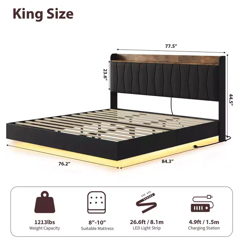 Garvee Floating Upholstered Bed Frame , Charging Station, Storage Headboard, Easy to Assemble