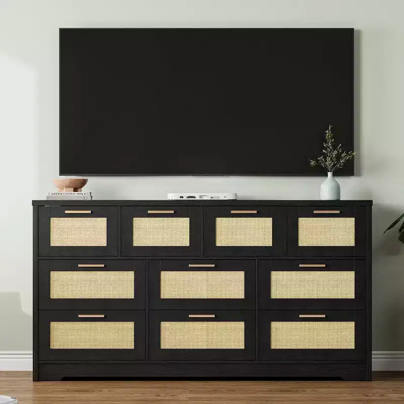 Rattan 10 Drawer Dresser, 59'' Wide Farmhouse Chest of Drawers with Anti-Tipping Device, Closet Dresser Storage Organizer for Home Office