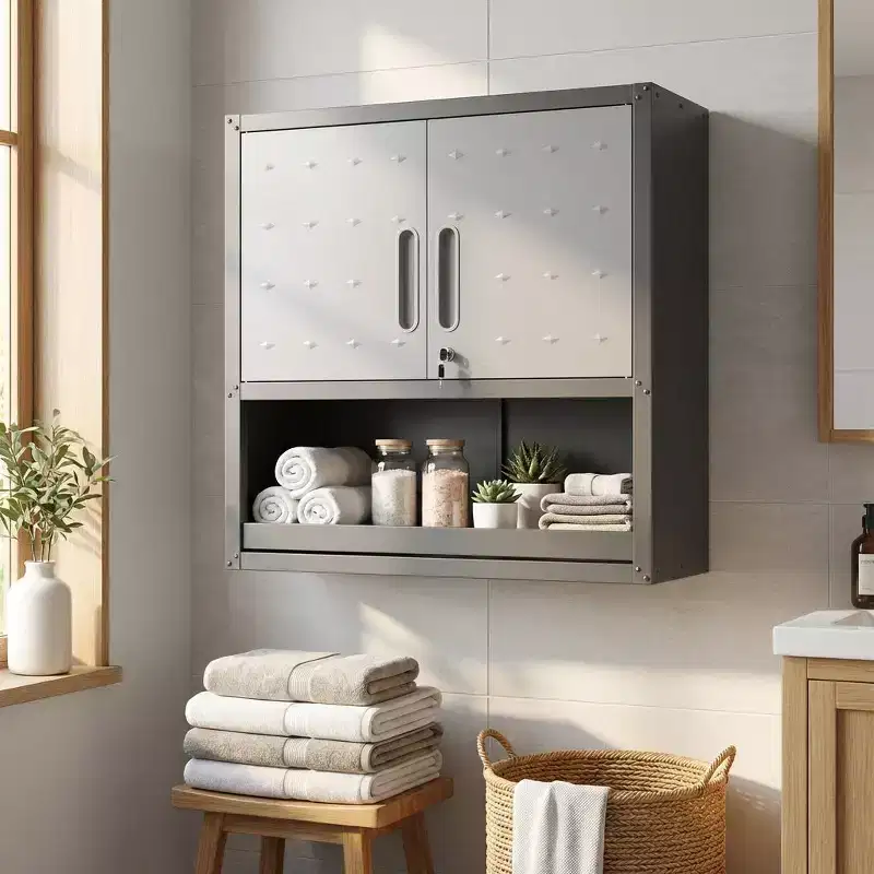 Black & Gray Wall-Mounted Metal Storage Cabinet with 2 Locking Doors, 1 Drawer & 1 Shelf