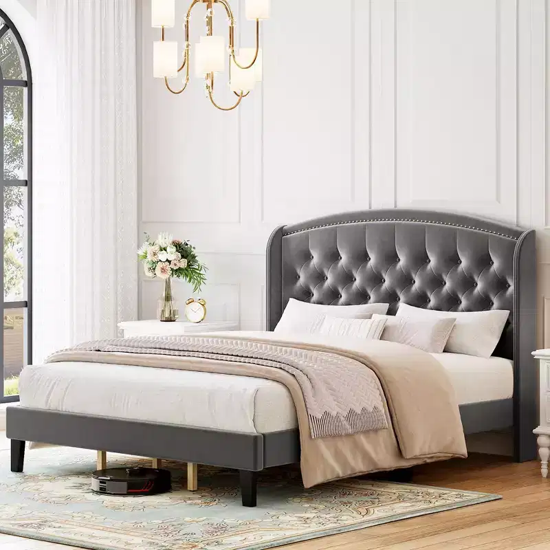 Bed Frame, Full Size Bed - Velvet Upholstered Platform with Wingback Headboard, Button Tufted, No Box Spring Needed (Grey)