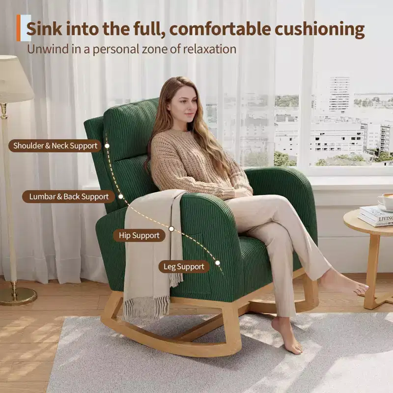 Modern Nursery Glider Rocking Chair with Side Pockets & Pillow – Ergonomic, 300 lb Capacity