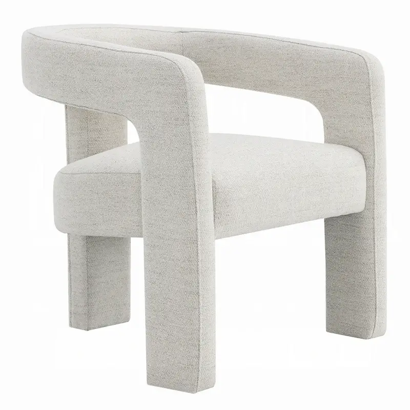 Side Dining Chair, Textured Off White Boucle, Curved Back