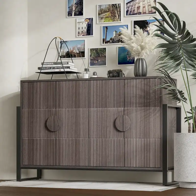 COZAYH Storage Cabinet Fluted Sideboard with 4 Doors, Modern Farmhouse Buffet Cabinet with Adjustable Shelves, Grey Wash