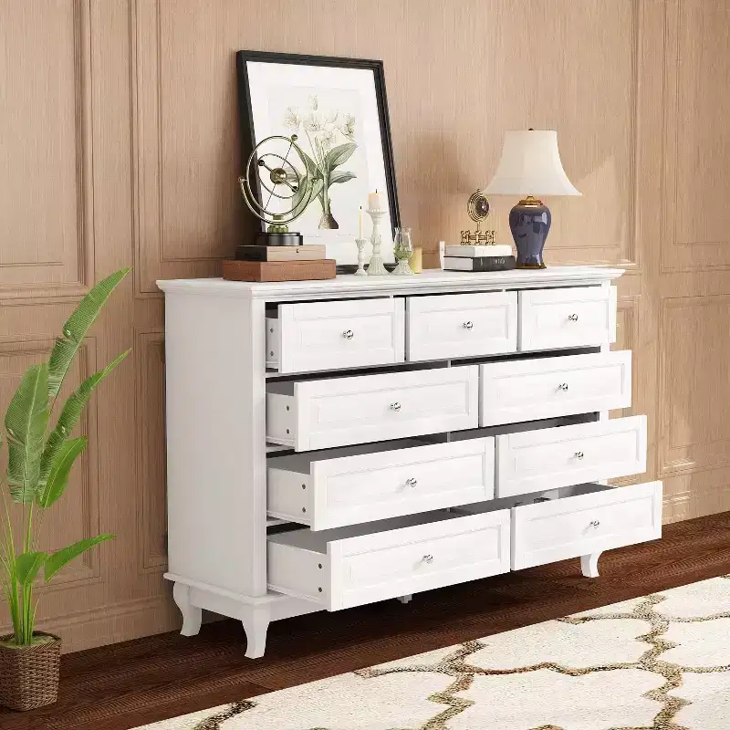 White / Antique Style / 9-Drawer Dresser with Metal Button Handles