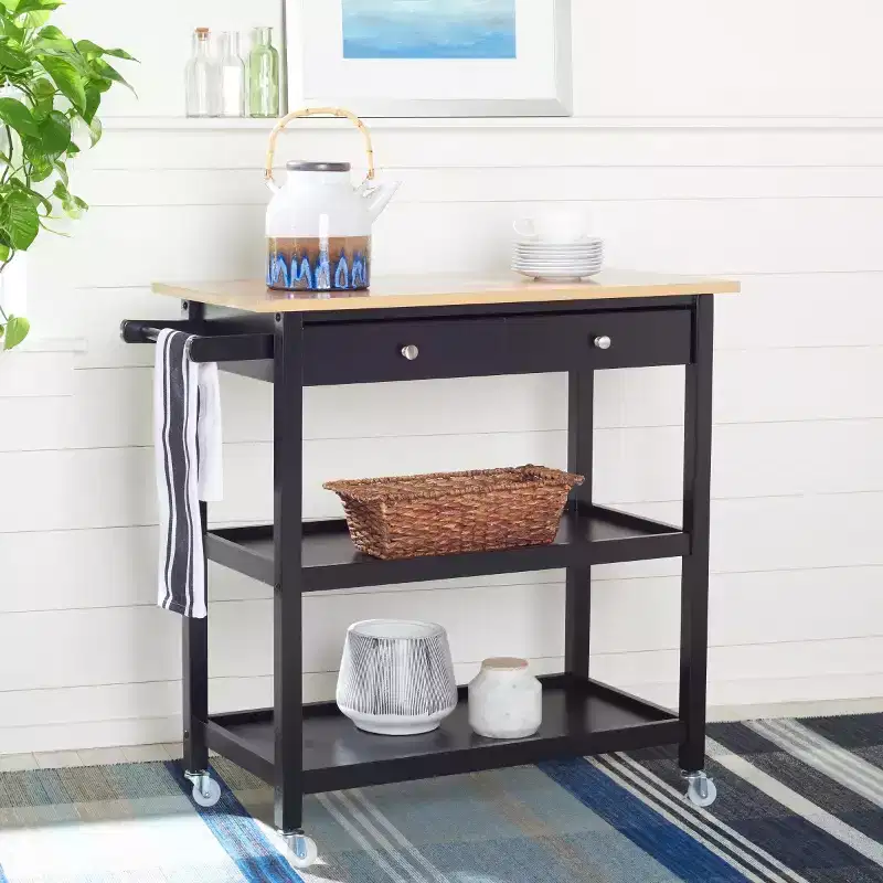 2-Drawer 3-Shelf Kitchen Cart with Casters, Natural/Black